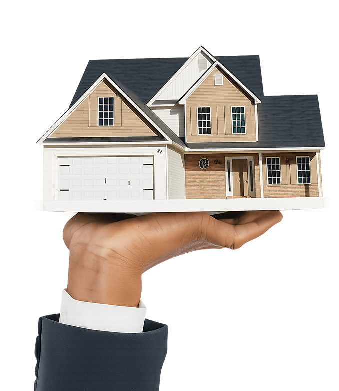 A hand holding a model house